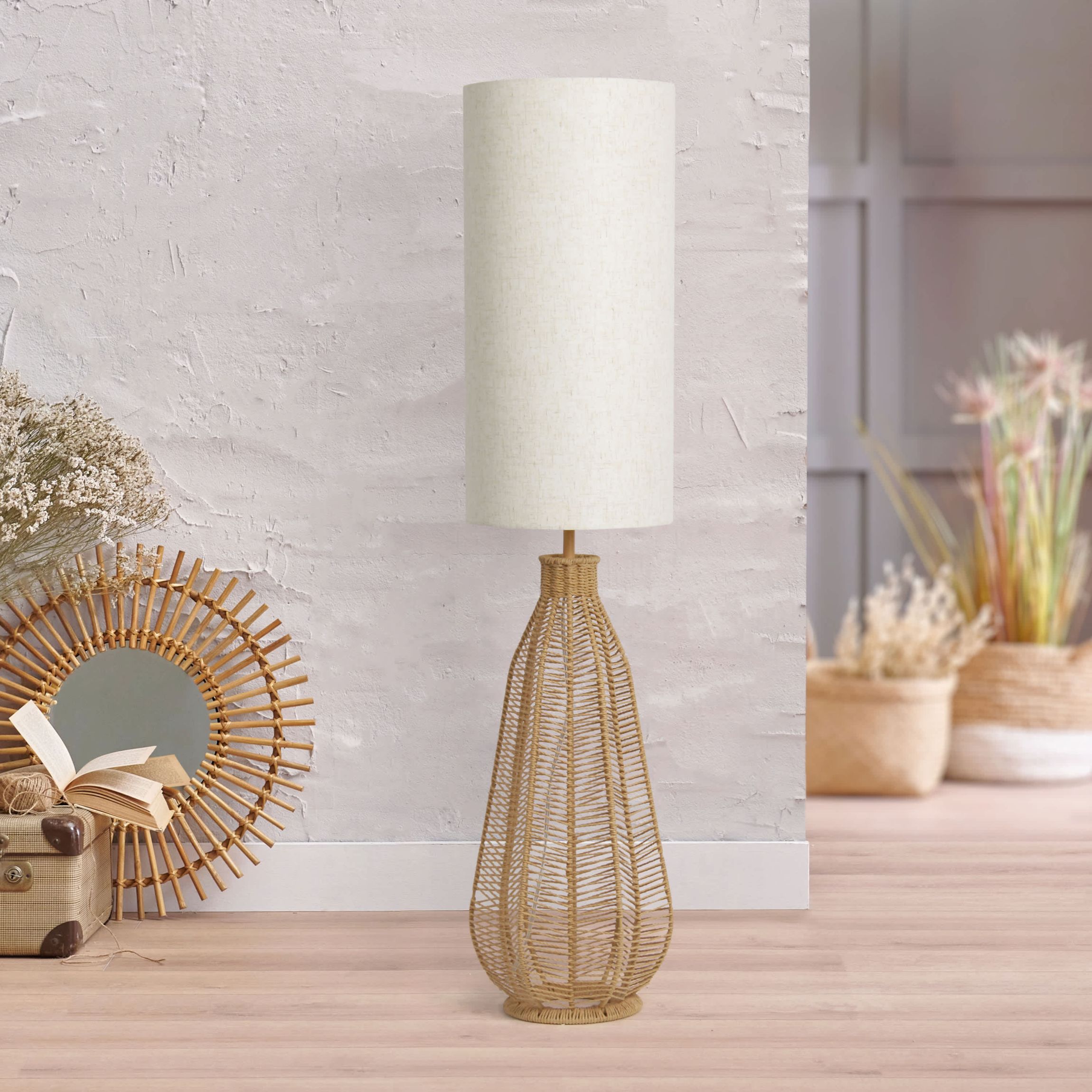 46.75" Tall Boho Coastal Inspired Rustic Paper Rope Rattan Wicker Look Floor Lamp with Light Gray Fabric Shade, Black