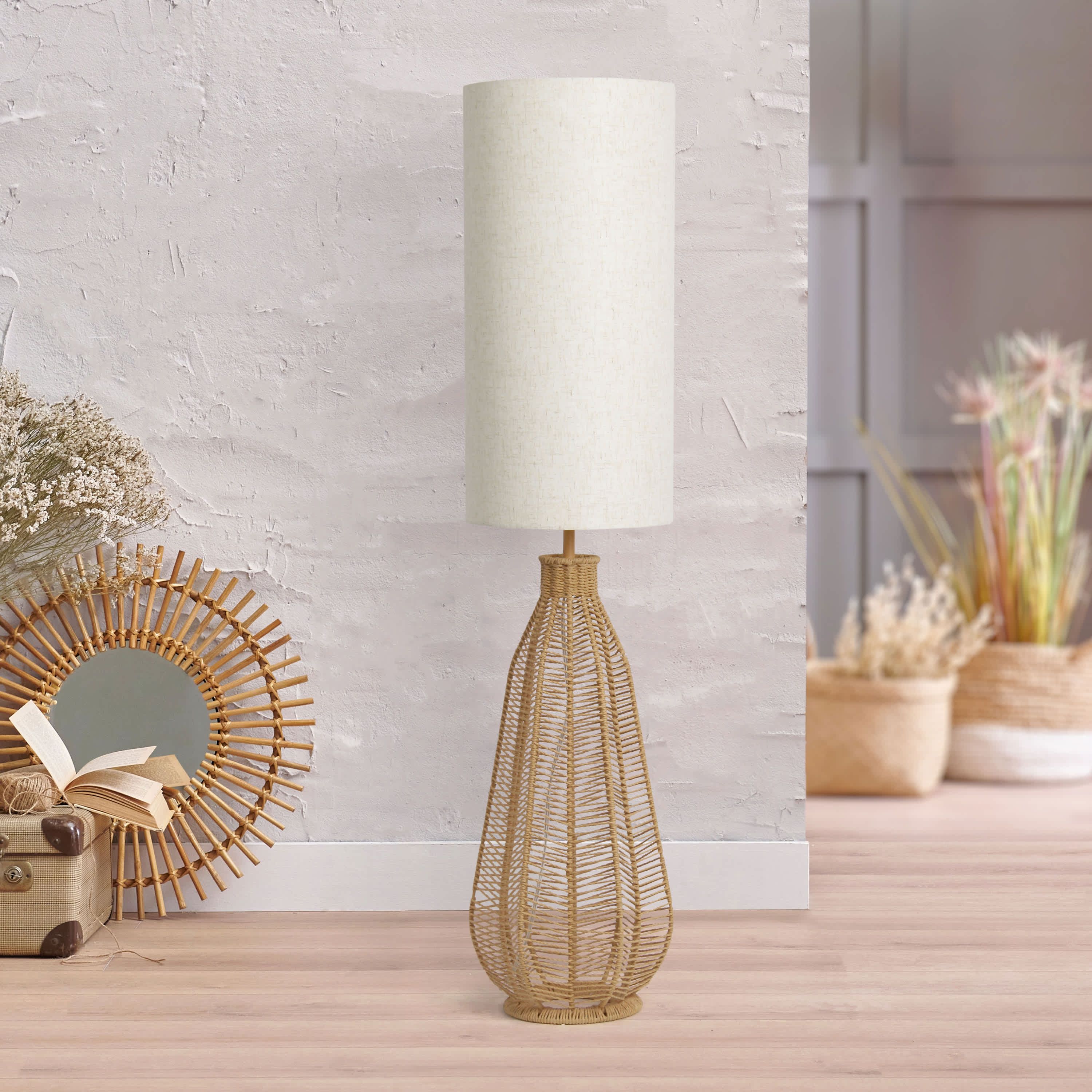 46.75" Tall Boho Coastal Inspired Rustic Paper Rope Rattan Wicker Look Floor Lamp with Light Gray Fabric Shade, Black