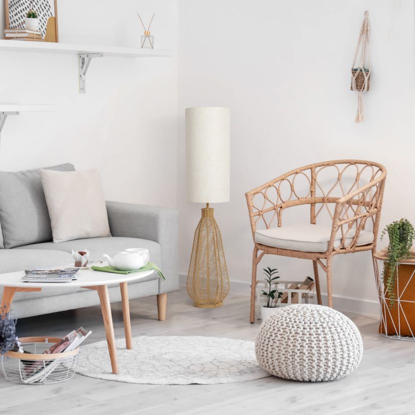 46.75" Tall Boho Coastal Inspired Rustic Paper Rope Rattan Wicker Look Floor Lamp with Light Gray Fabric Shade, Black