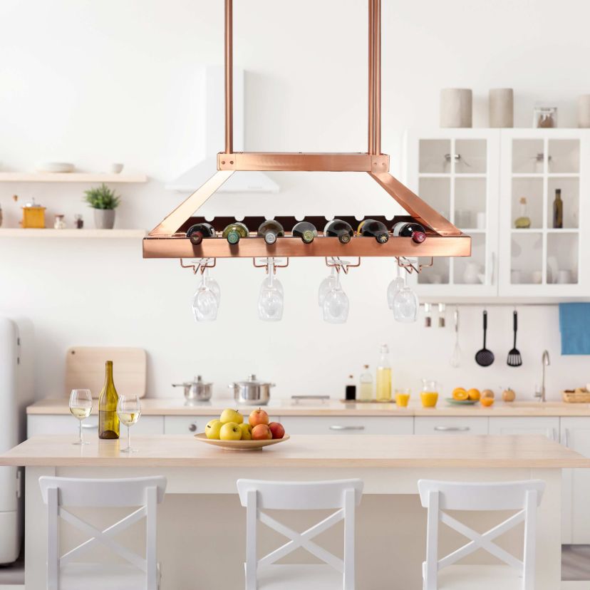 36.25" Stylish Ceiling Mounted LED Wine and Glass Rack Light, for Kitchen or Bar, Copper