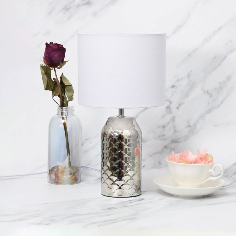 13.4" Whimsical Wave Mini Porcelain Mermaid Fishscale Table Lamp, Chrome with White Shade