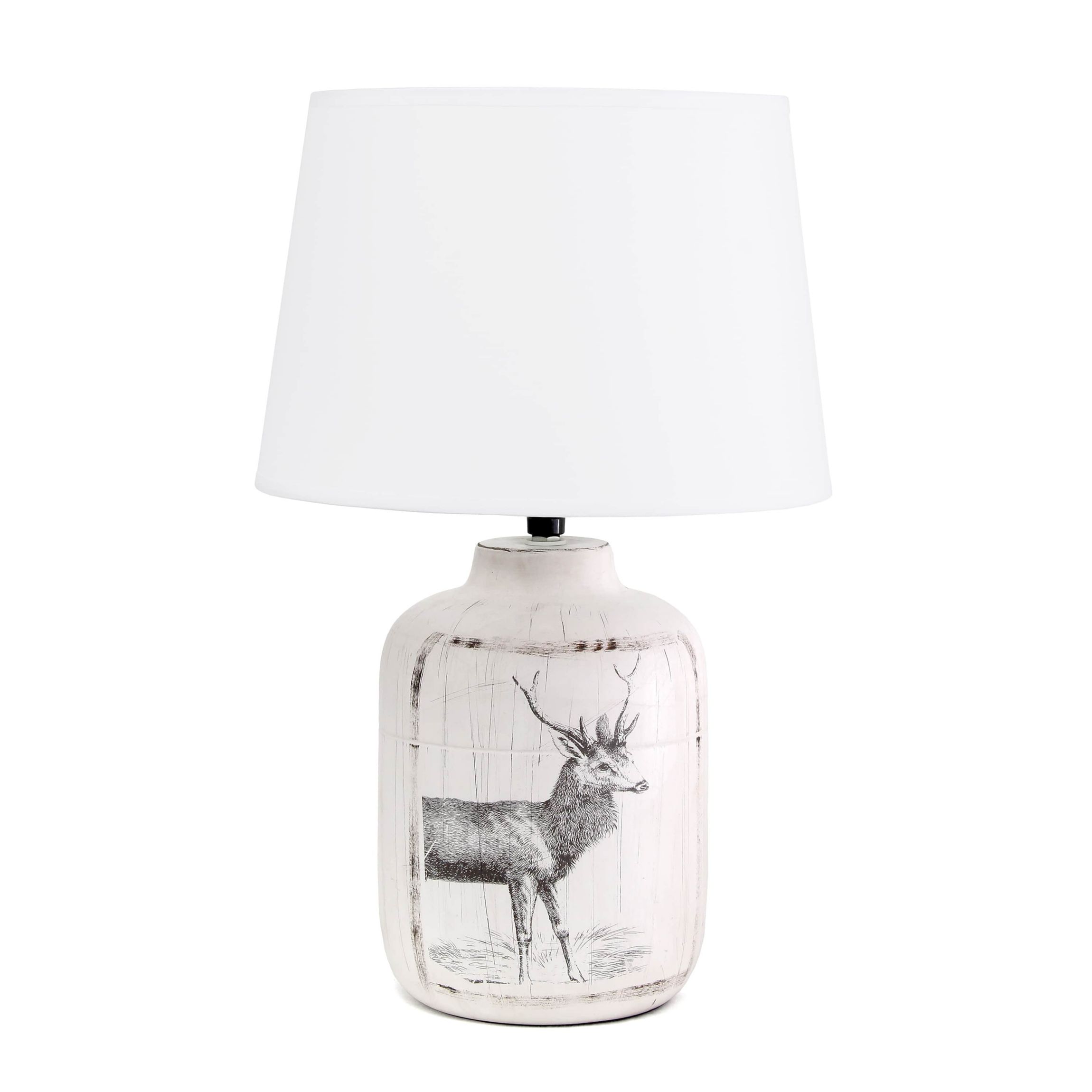 17.8" Vintage Farmhouse Country Deer Print Accent Table Lamp, for Living Room, Foyer, Home Décor, White Wash