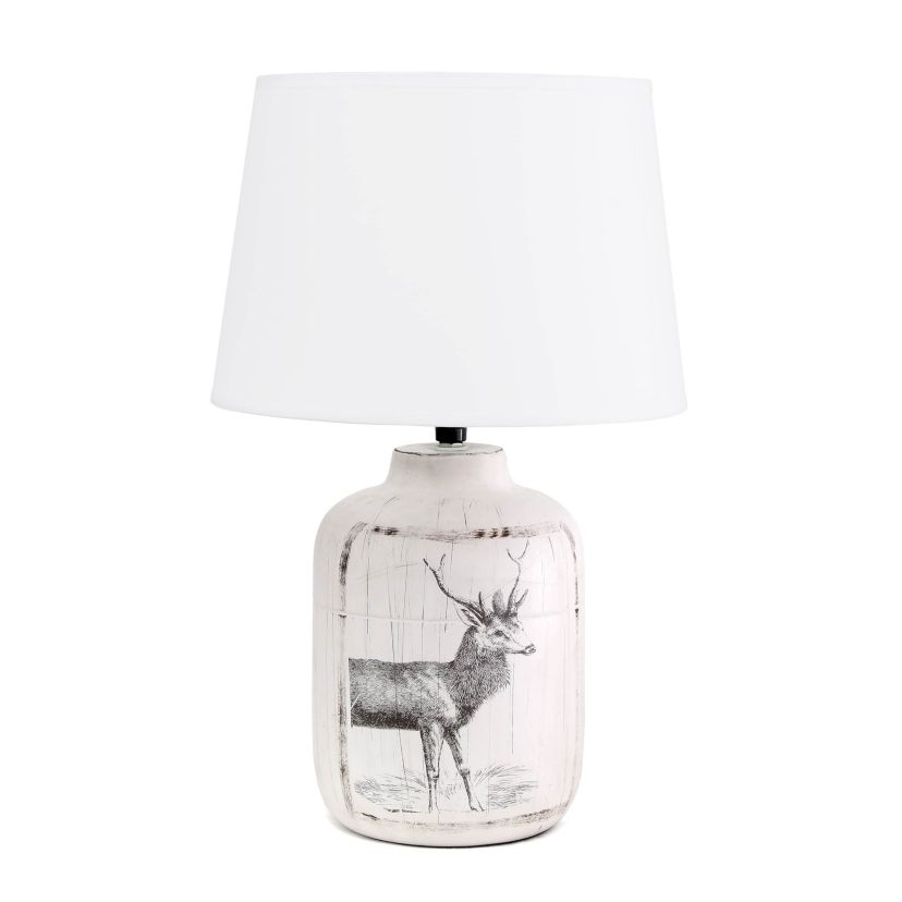 17.8" Vintage Farmhouse Country Deer Print Accent Table Lamp, for Living Room, Foyer, Home Décor, White Wash