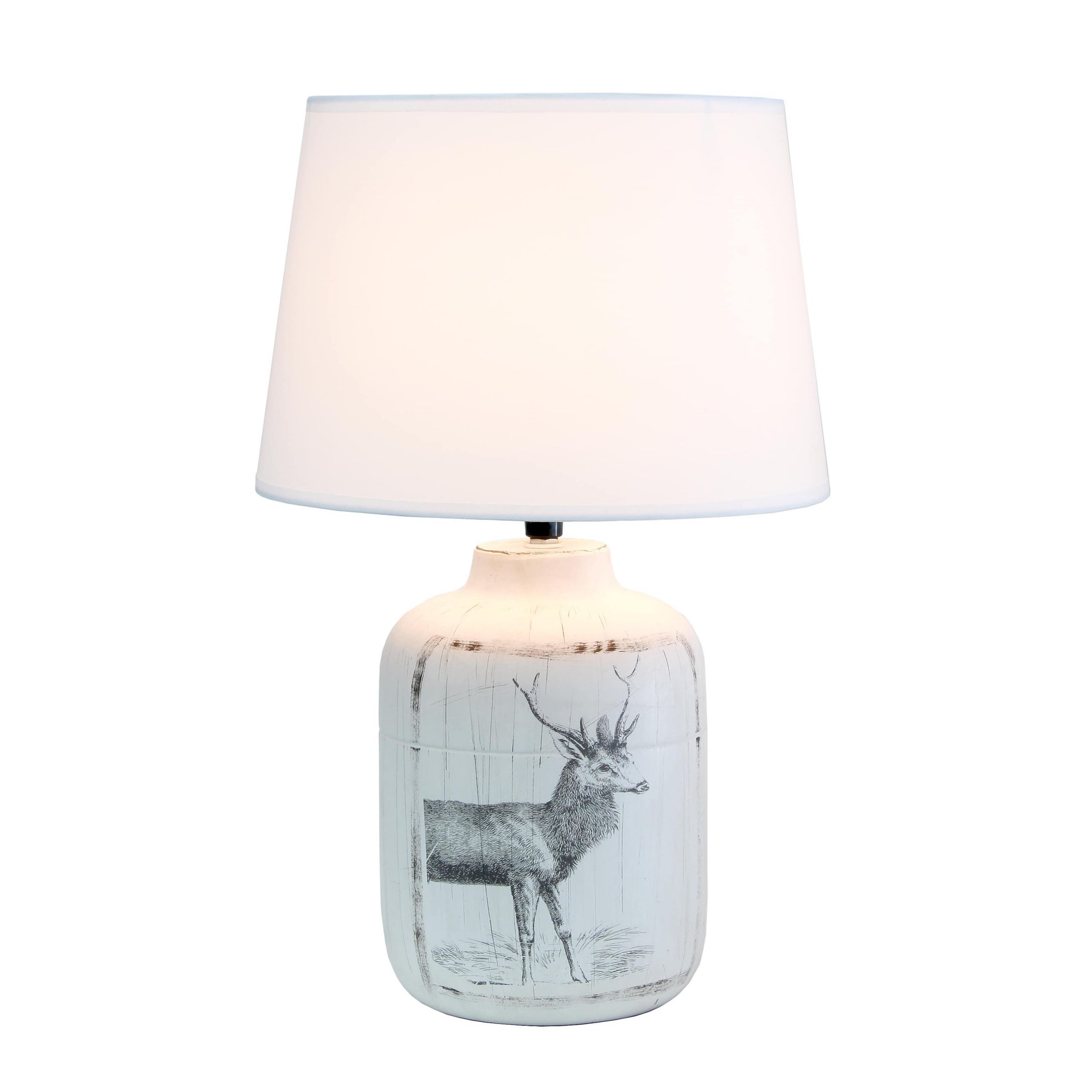 17.8" Vintage Farmhouse Country Deer Print Accent Table Lamp, for Living Room, Foyer, Home Décor, White Wash