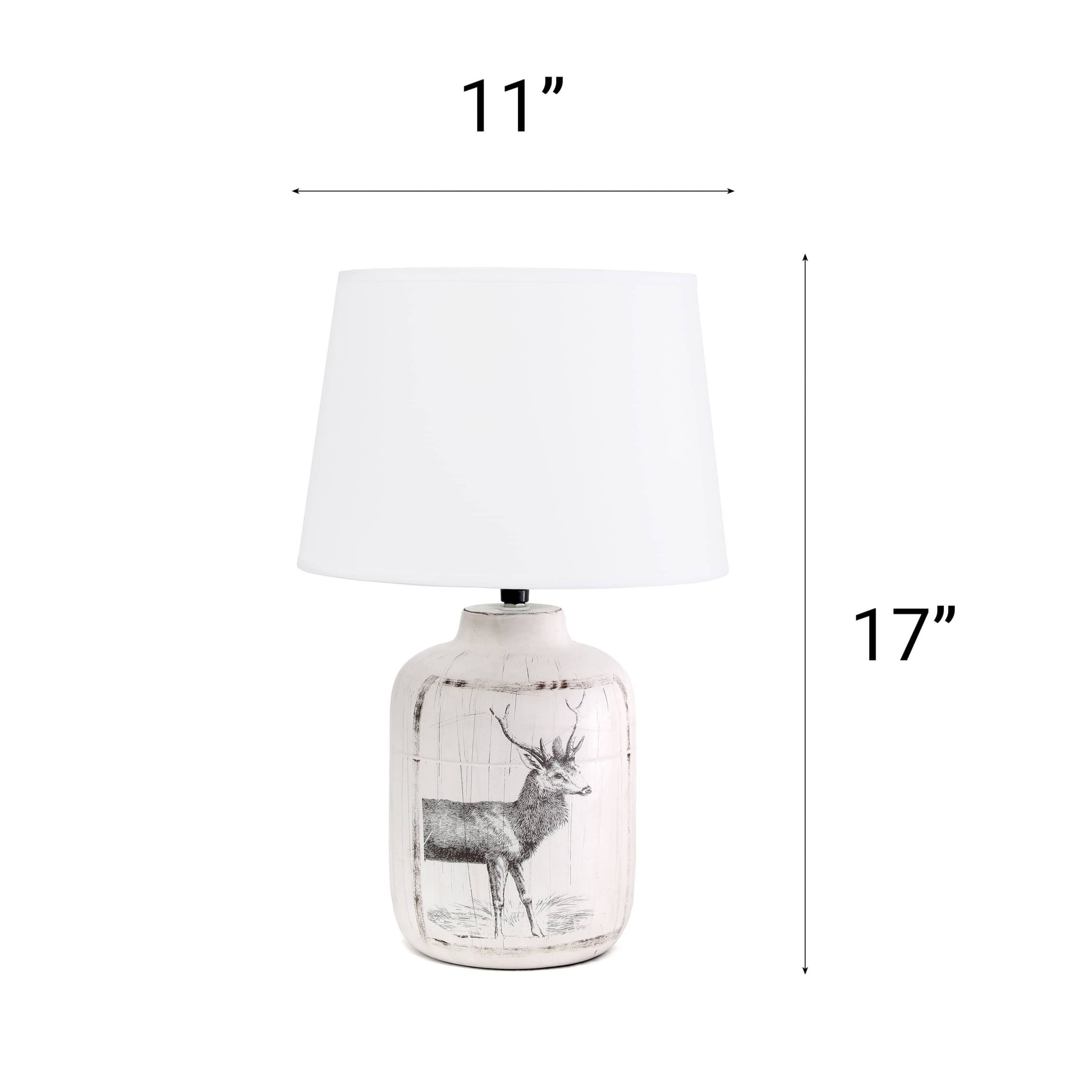 17.8" Vintage Farmhouse Country Deer Print Accent Table Lamp, for Living Room, Foyer, Home Décor, White Wash