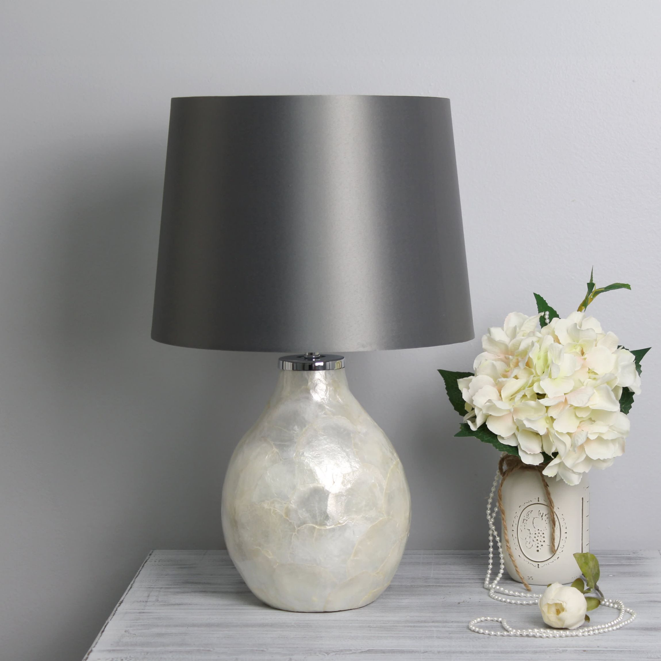 18" Opalescent Pearl Table Lamp with Light Brown Shade, for Living Room, Bedroom, Office, Dining Room, Entryway, Pearl