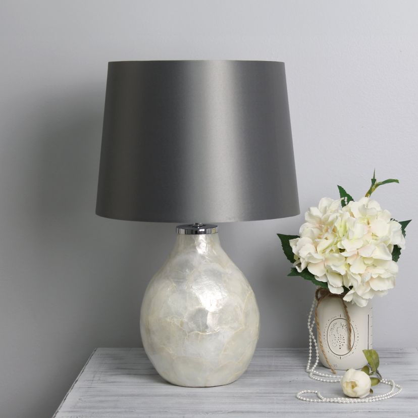 18" Opalescent Pearl Table Lamp with Light Brown Shade, for Living Room, Bedroom, Office, Dining Room, Entryway, Pearl