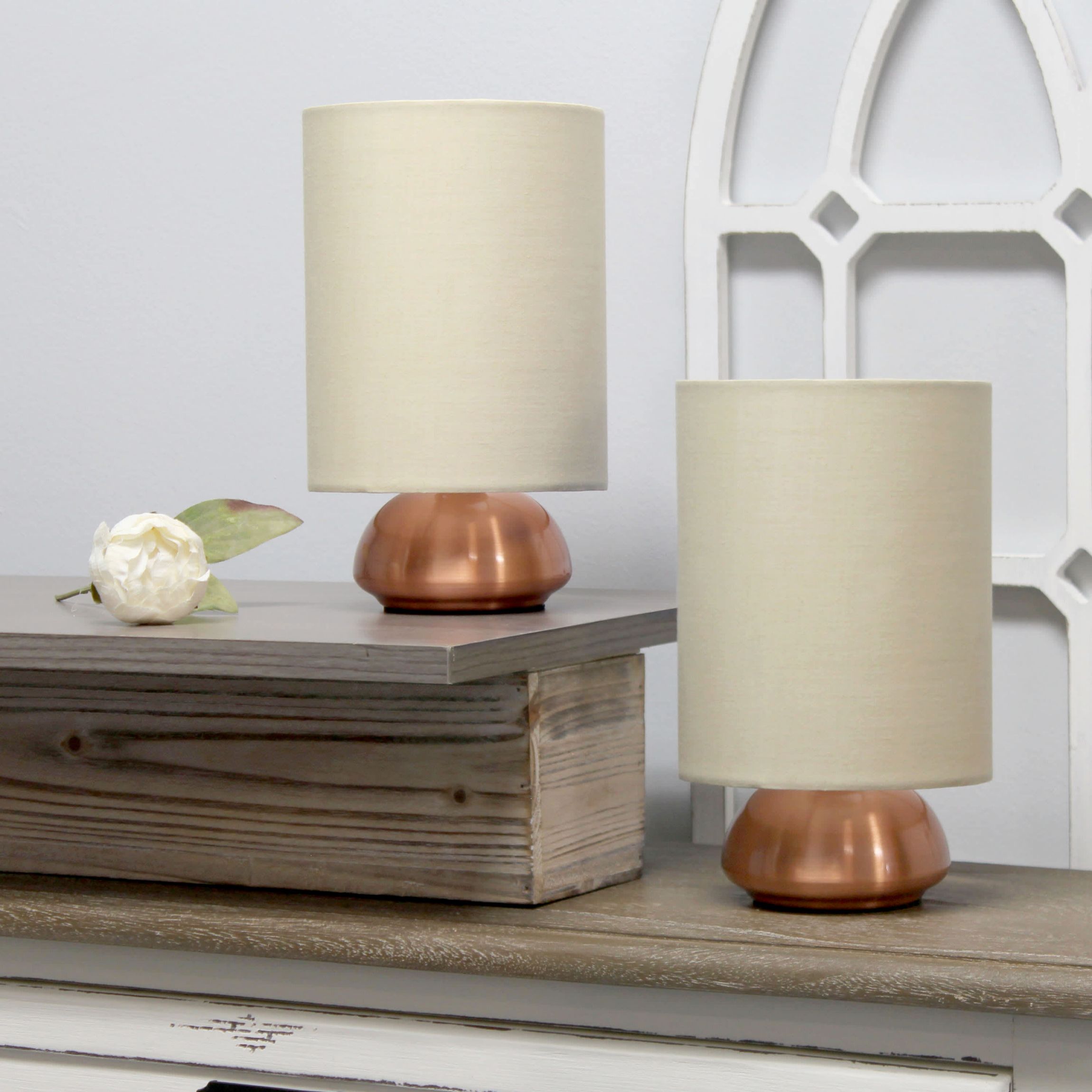 9" Chic Elongated Shade Mini Touch Lamp Duo, for Bedroom, Living Room, Hallway, Rose Gold with Cream Shades