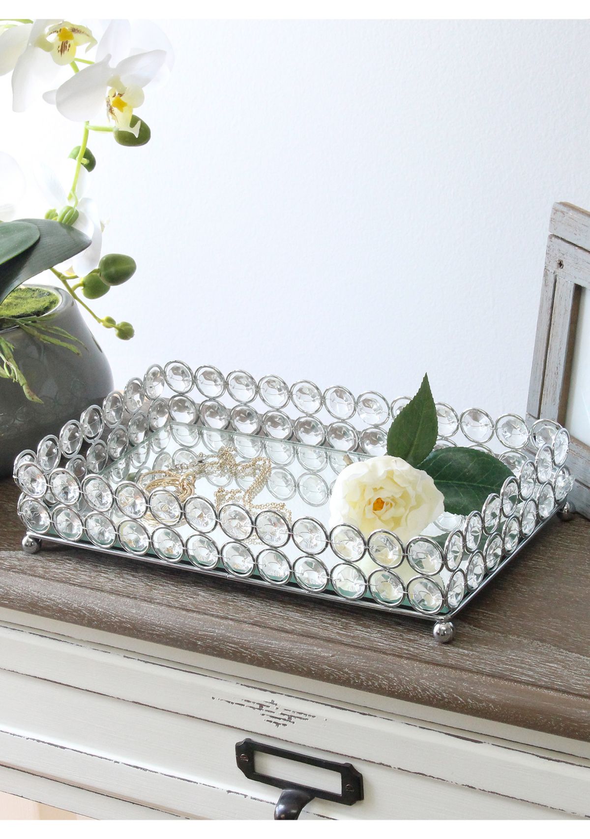 Elipse Crystal Decorative Mirrored Vanity Organizer Tray