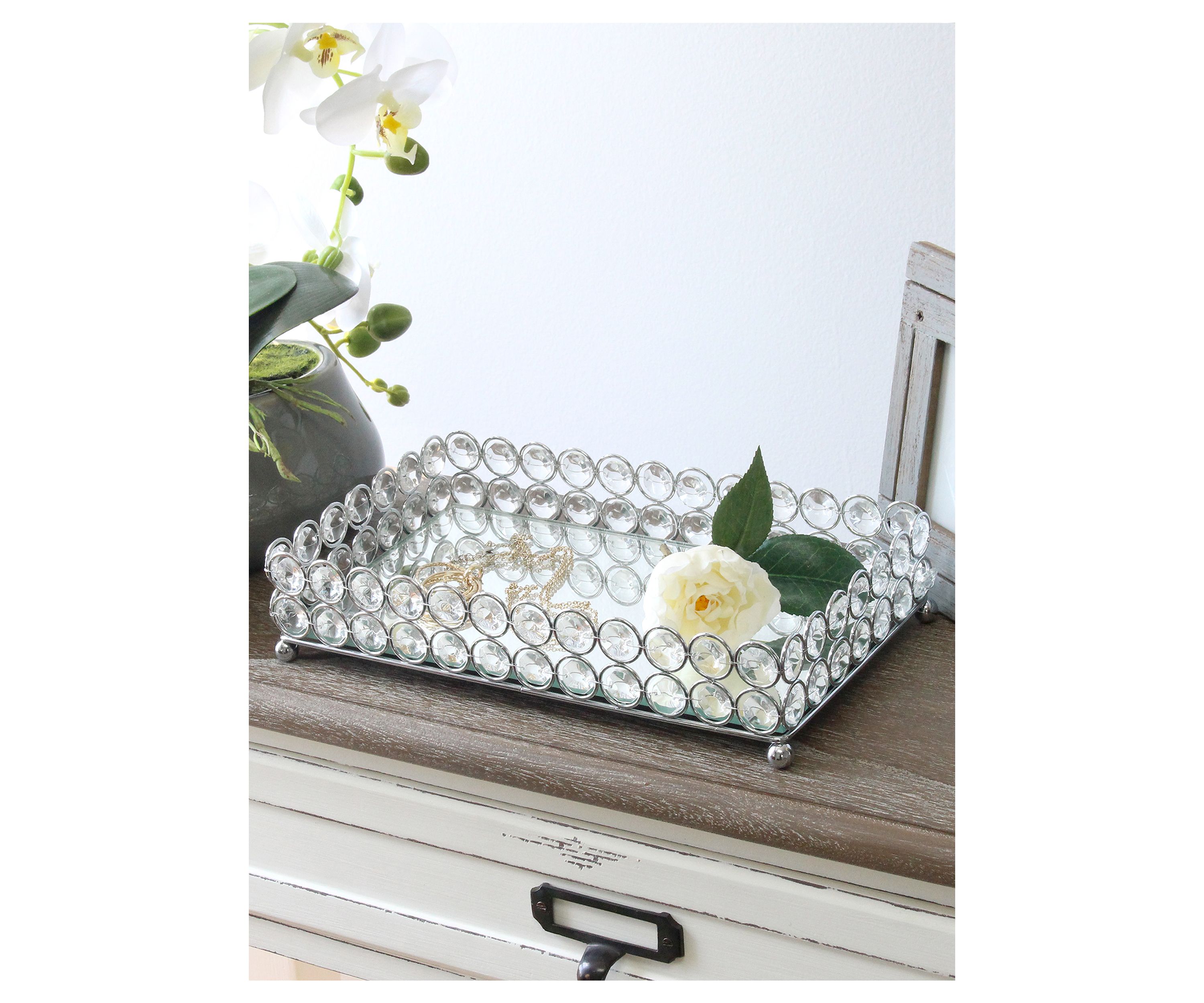 Elipse Crystal Decorative Mirrored Vanity Organizer Tray