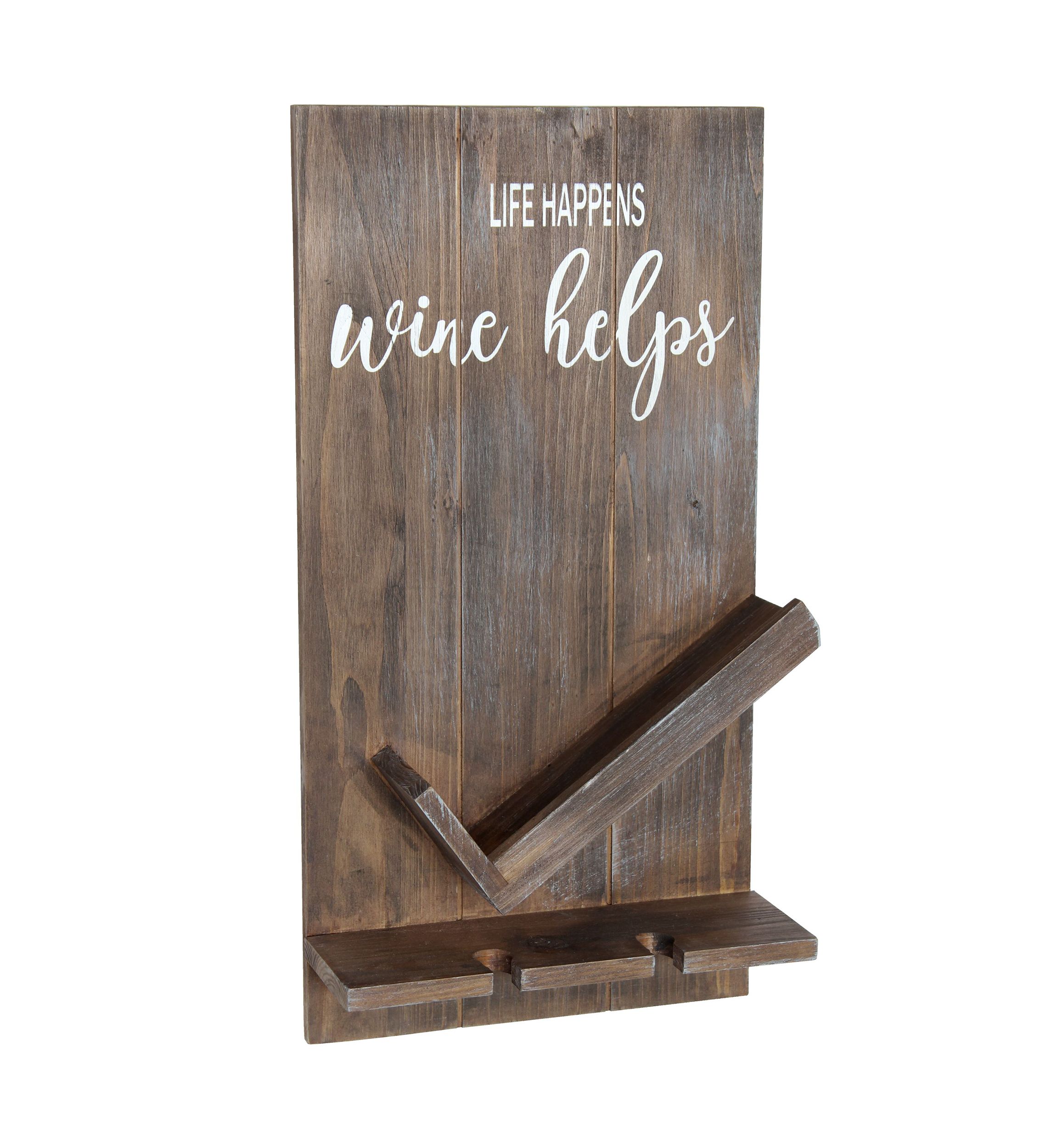 Lucca Wall Mounted Wooden “Life Happens Wine Helps” Wine Bottle Shelf with Glass Holder