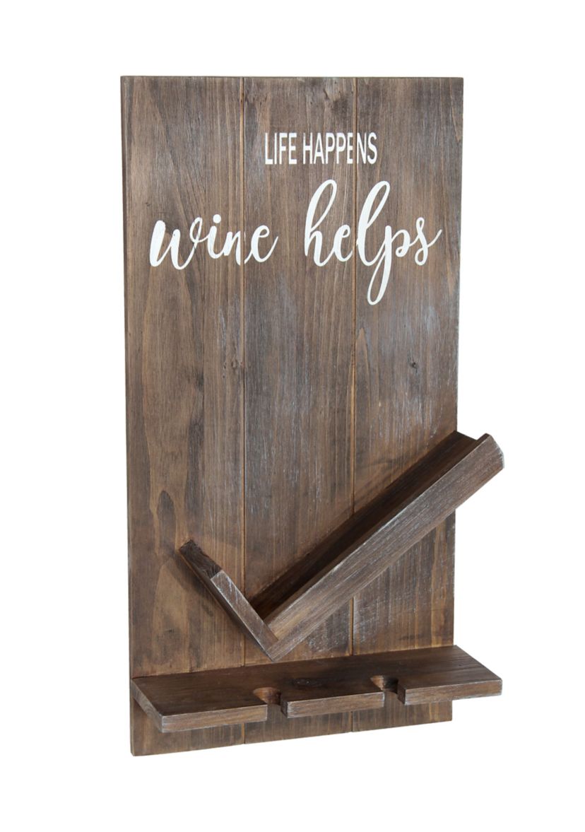 Lucca Wall Mounted Wooden “Life Happens Wine Helps” Wine Bottle Shelf with Glass Holder