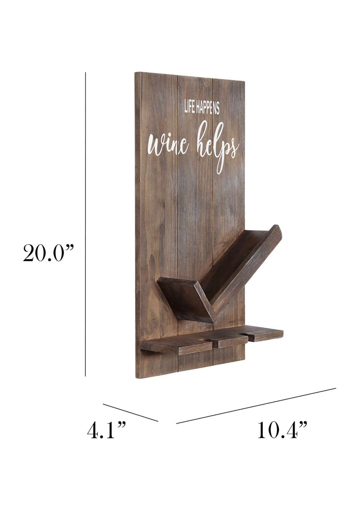 Lucca Wall Mounted Wooden “Life Happens Wine Helps” Wine Bottle Shelf with Glass Holder