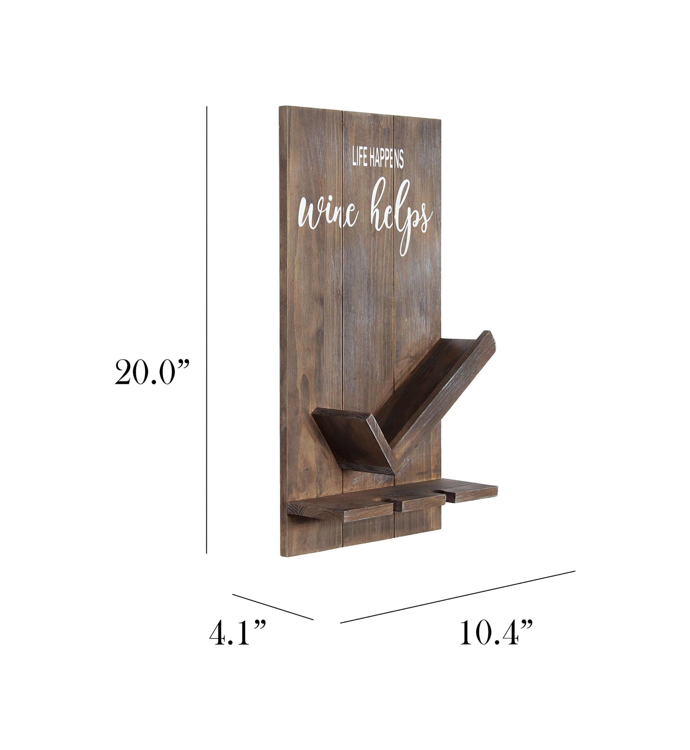 Lucca Wall Mounted Wooden “Life Happens Wine Helps” Wine Bottle Shelf with Glass Holder