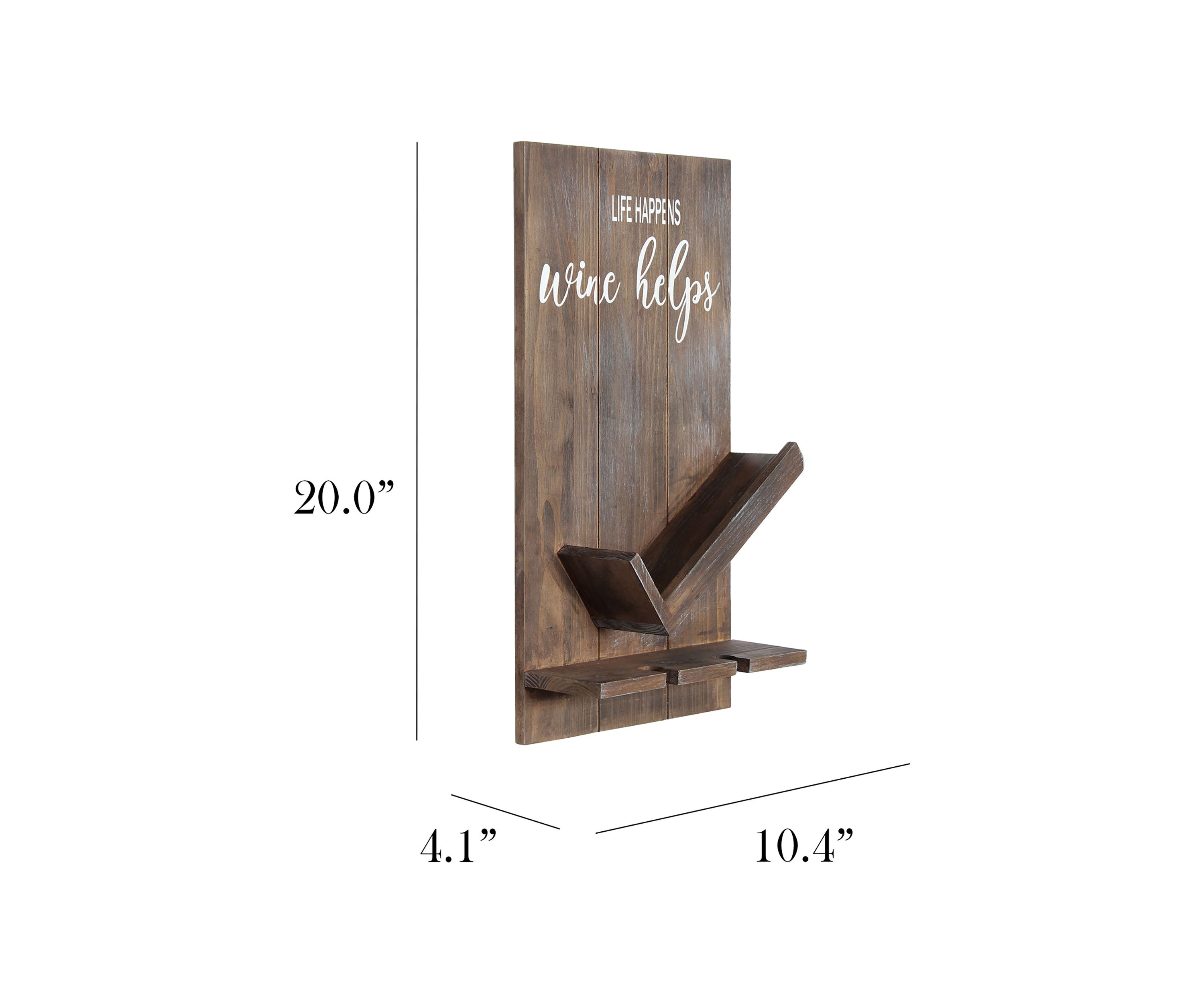 Lucca Wall Mounted Wooden “Life Happens Wine Helps” Wine Bottle Shelf with Glass Holder