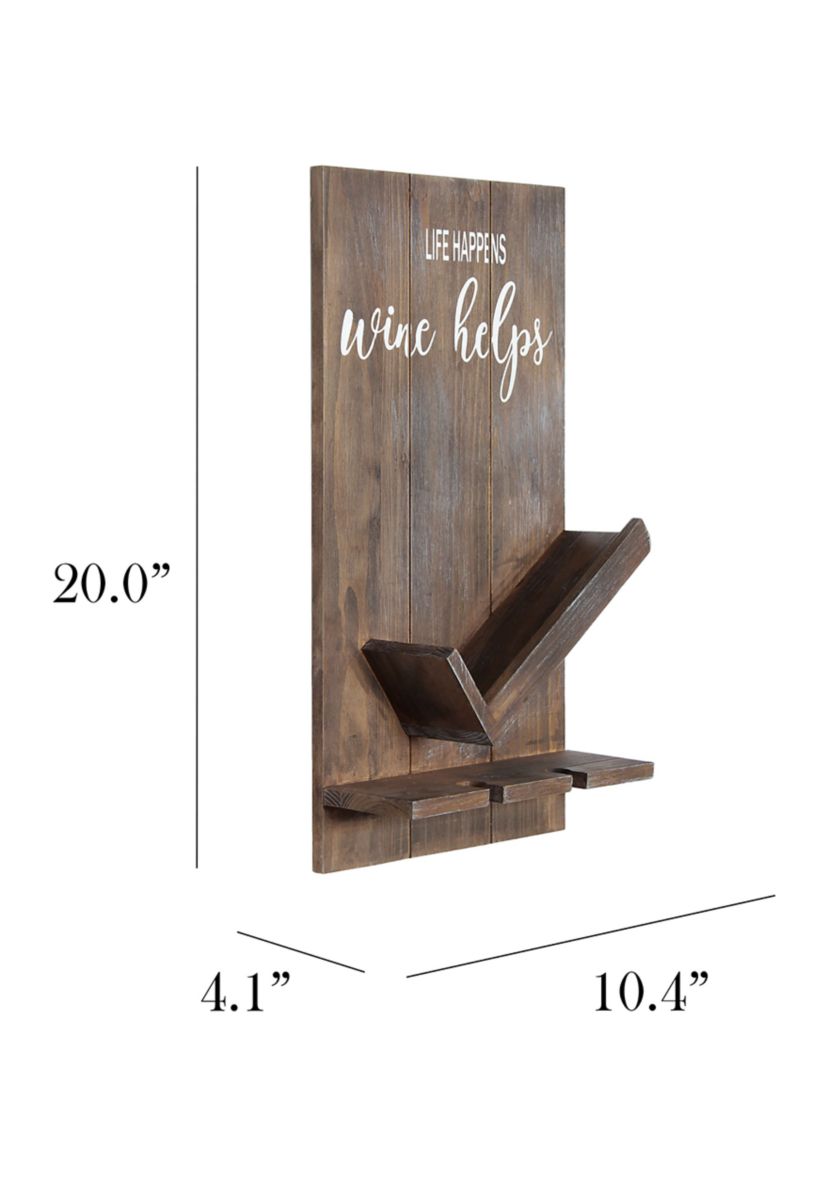 Lucca Wall Mounted Wooden “Life Happens Wine Helps” Wine Bottle Shelf with Glass Holder