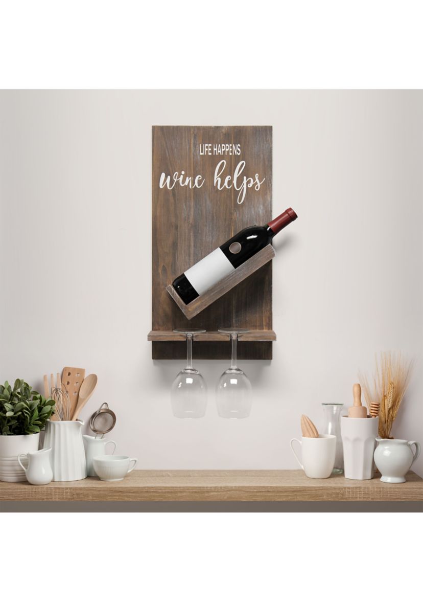 Lucca Wall Mounted Wooden “Life Happens Wine Helps” Wine Bottle Shelf with Glass Holder