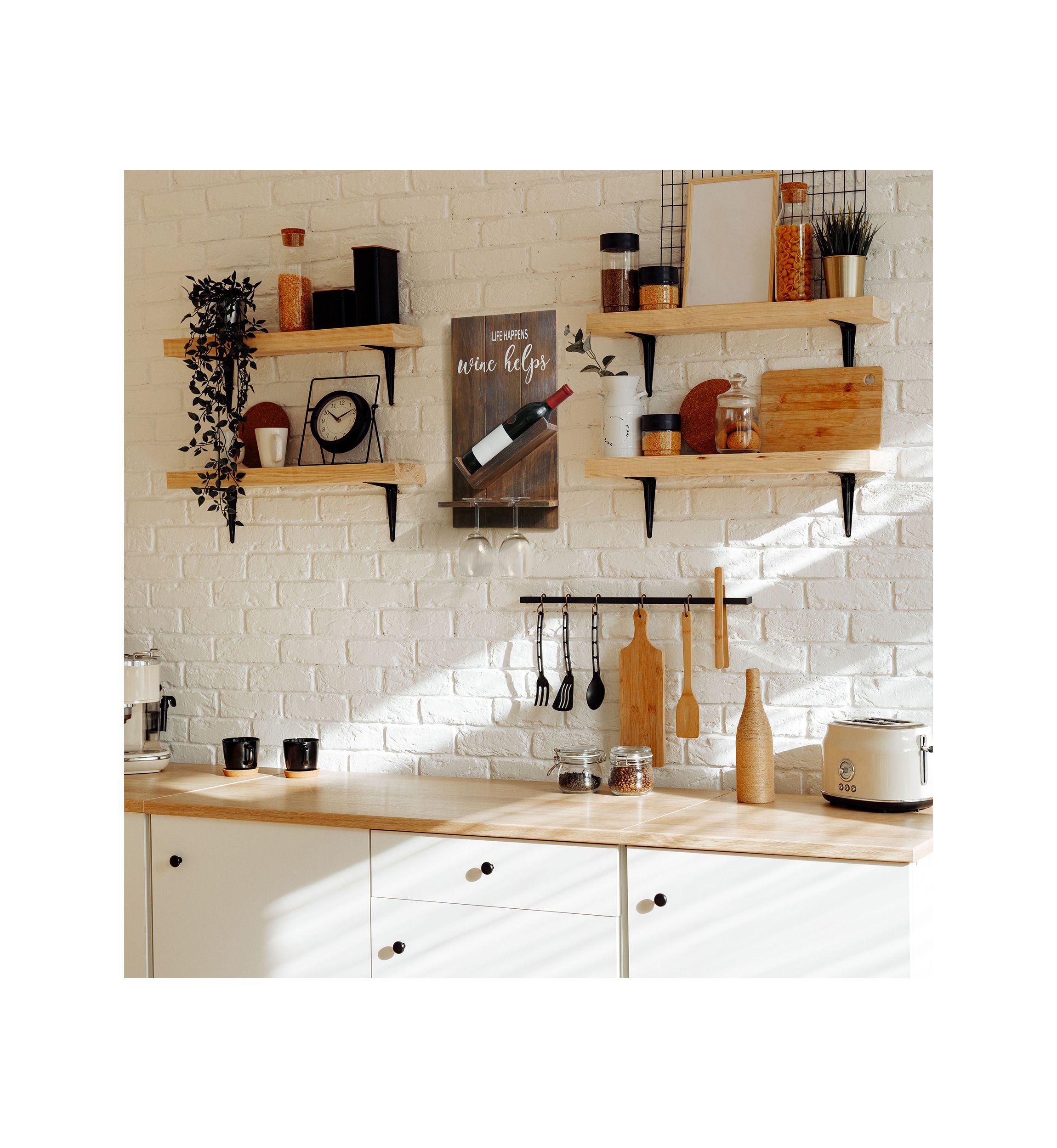 Lucca Wall Mounted Wooden “Life Happens Wine Helps” Wine Bottle Shelf with Glass Holder