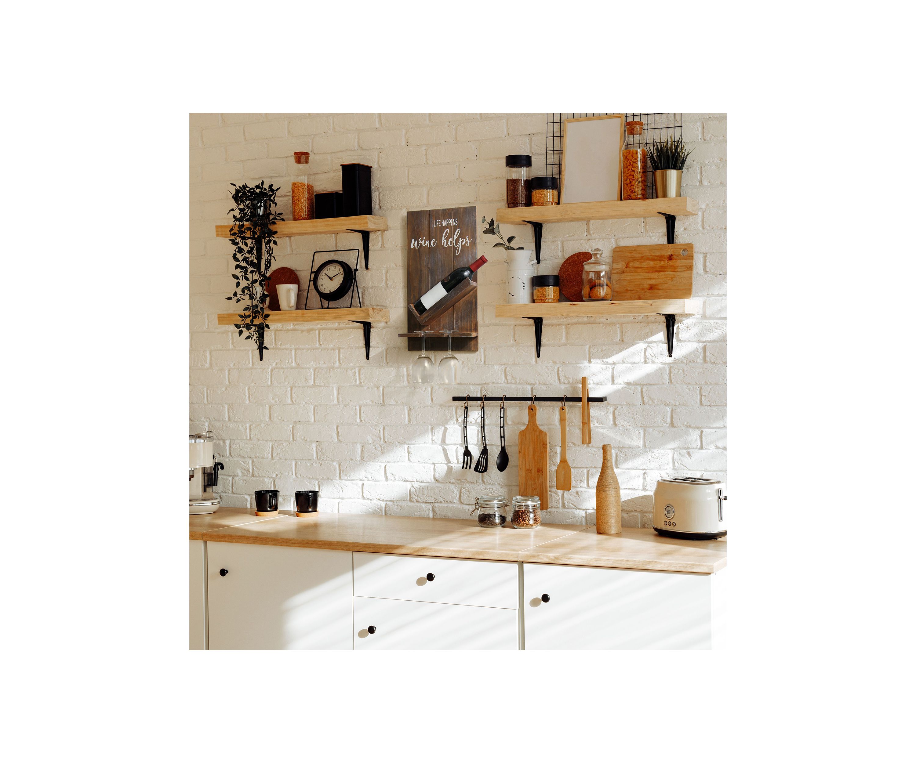 Lucca Wall Mounted Wooden “Life Happens Wine Helps” Wine Bottle Shelf with Glass Holder