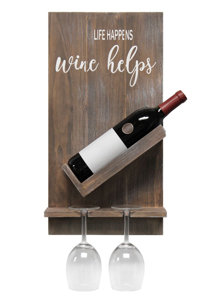 Lucca Wall Mounted Wooden “Life Happens Wine Helps” Wine Bottle Shelf with Glass Holder