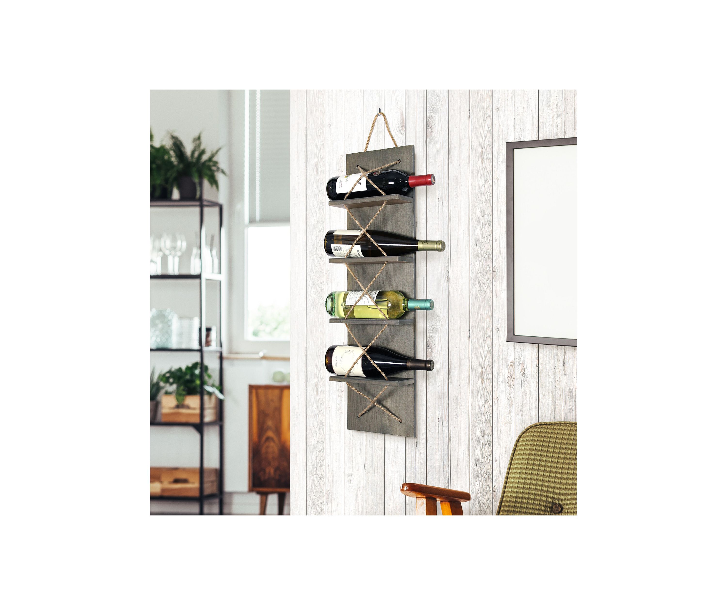 Positano Nautical Rope 4 Bottle Vertical Wall Mounted Wood Wine Rack