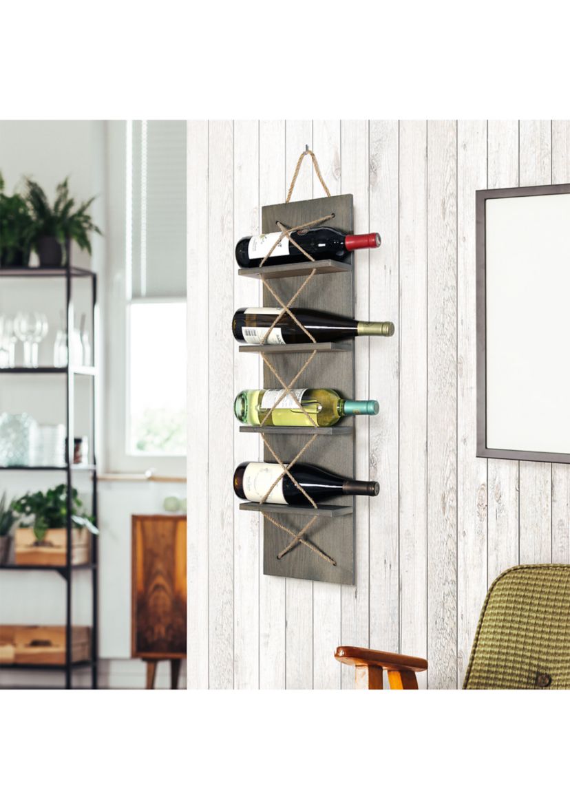 Positano Nautical Rope 4 Bottle Vertical Wall Mounted Wood Wine Rack