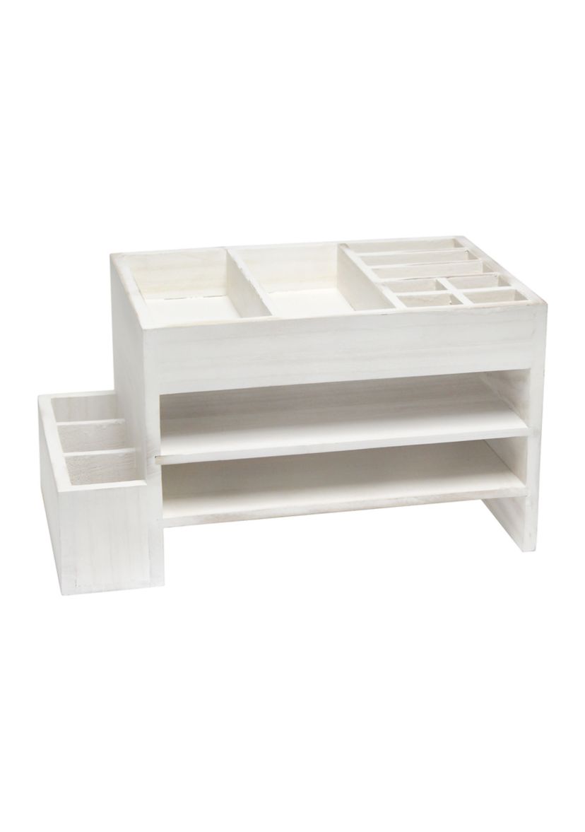 Home Office Tiered Desk Organizer with Storage Cubbies and Letter Tray, Natural Wood