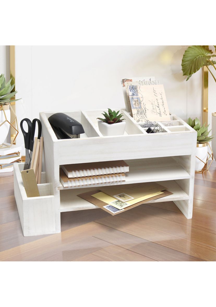 Home Office Tiered Desk Organizer with Storage Cubbies and Letter Tray, Natural Wood