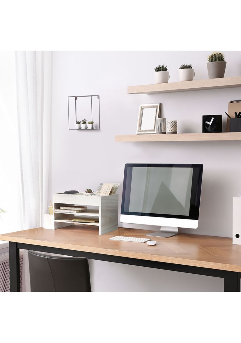 Home Office Tiered Desk Organizer with Storage Cubbies and Letter Tray, Natural Wood