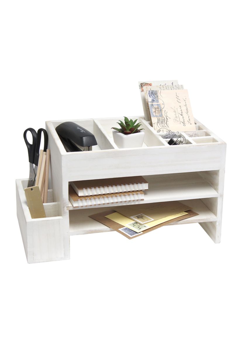 Home Office Tiered Desk Organizer with Storage Cubbies and Letter Tray, Natural Wood