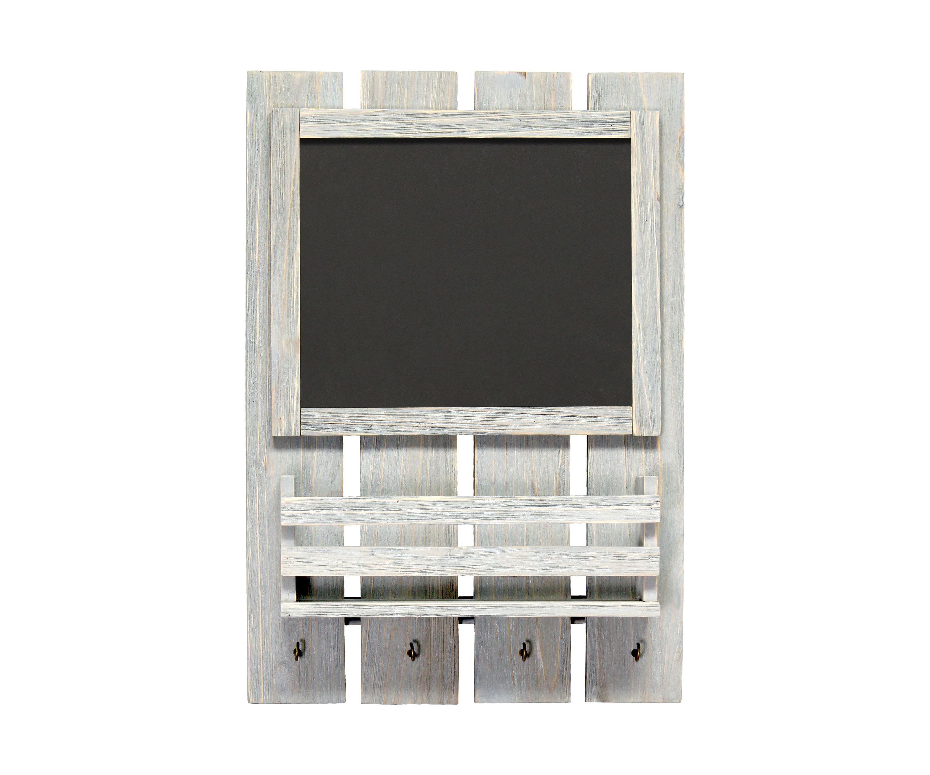 Chalkboard Sign with Key Holder Hooks and Mail Storage, White Wash