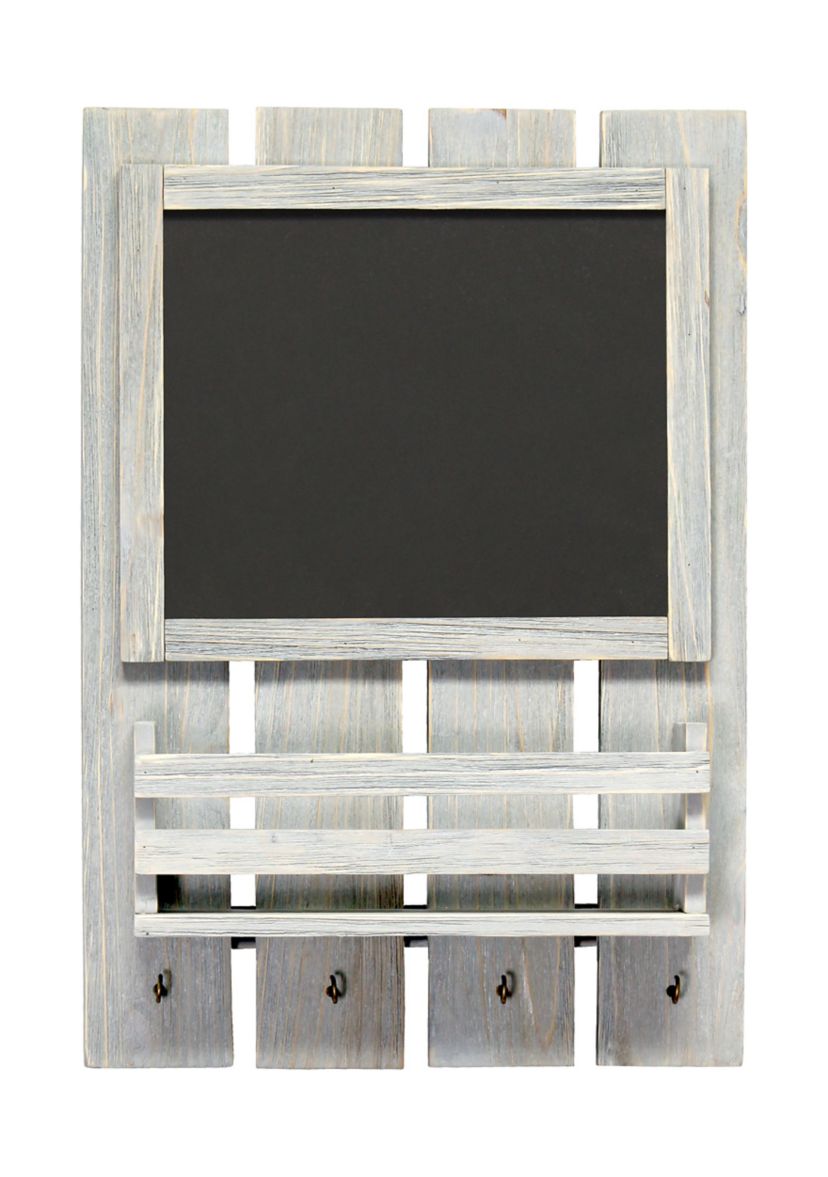Chalkboard Sign with Key Holder Hooks and Mail Storage, White Wash