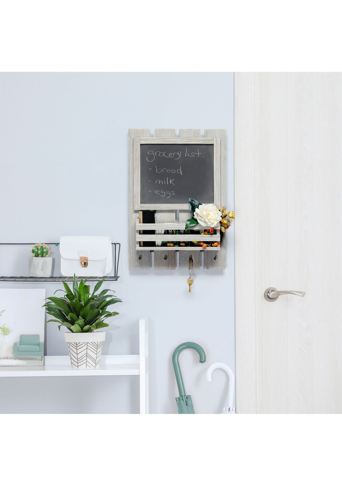 Chalkboard Sign with Key Holder Hooks and Mail Storage, White Wash