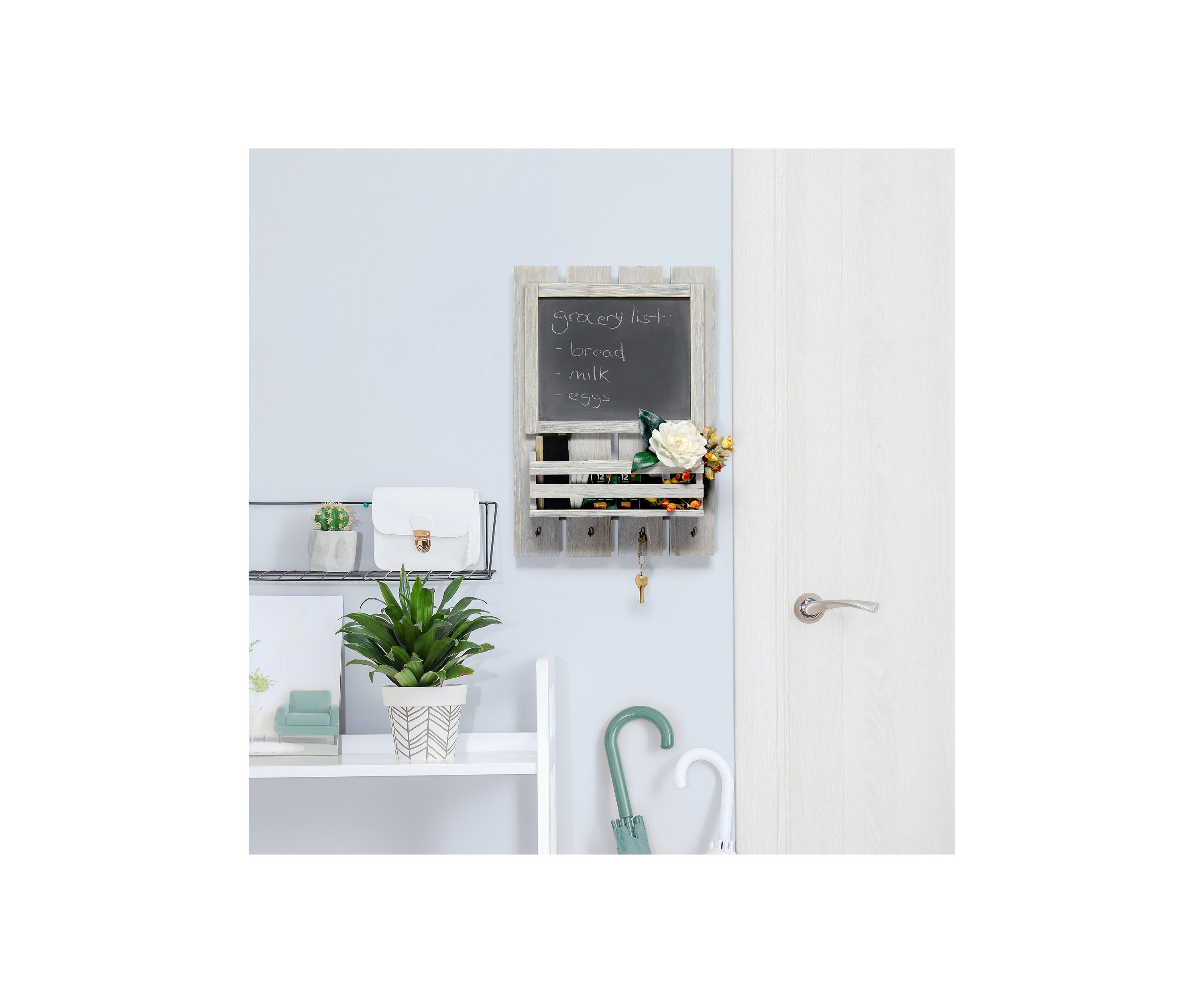 Chalkboard Sign with Key Holder Hooks and Mail Storage, White Wash
