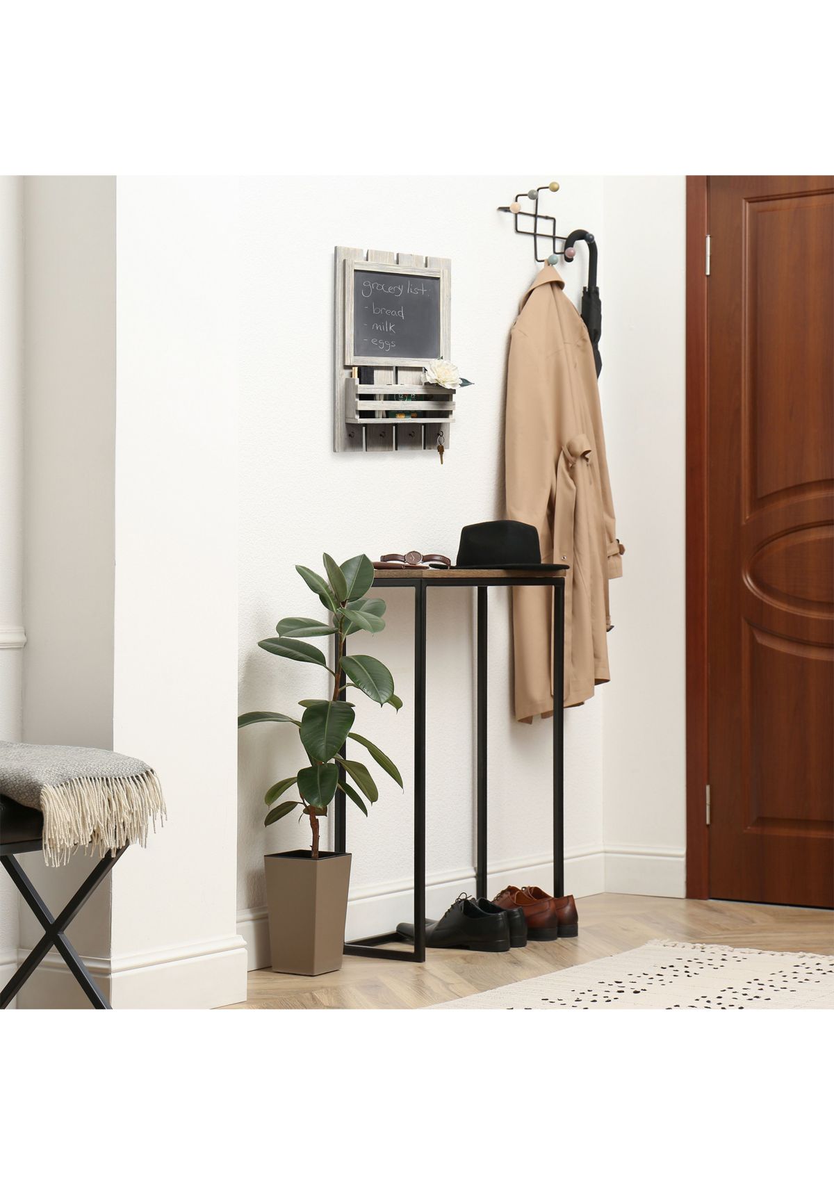 Chalkboard Sign with Key Holder Hooks and Mail Storage, White Wash