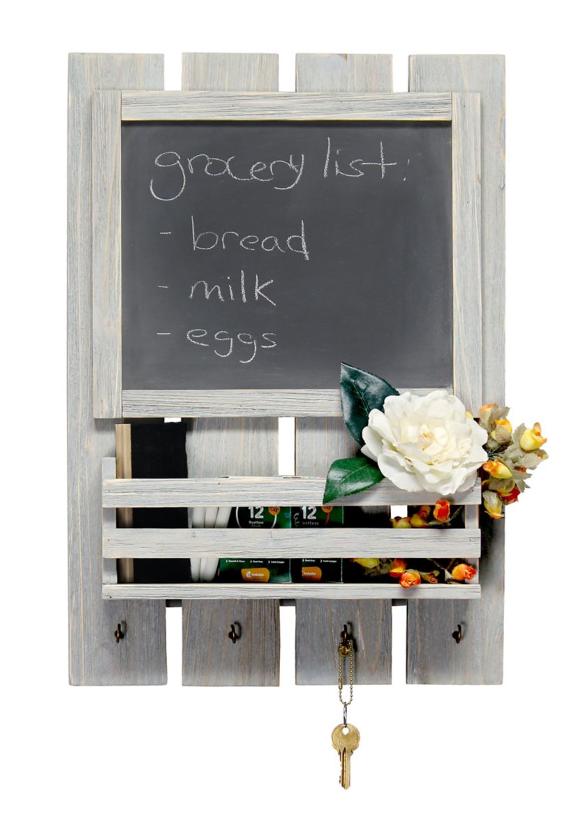 Chalkboard Sign with Key Holder Hooks and Mail Storage, White Wash
