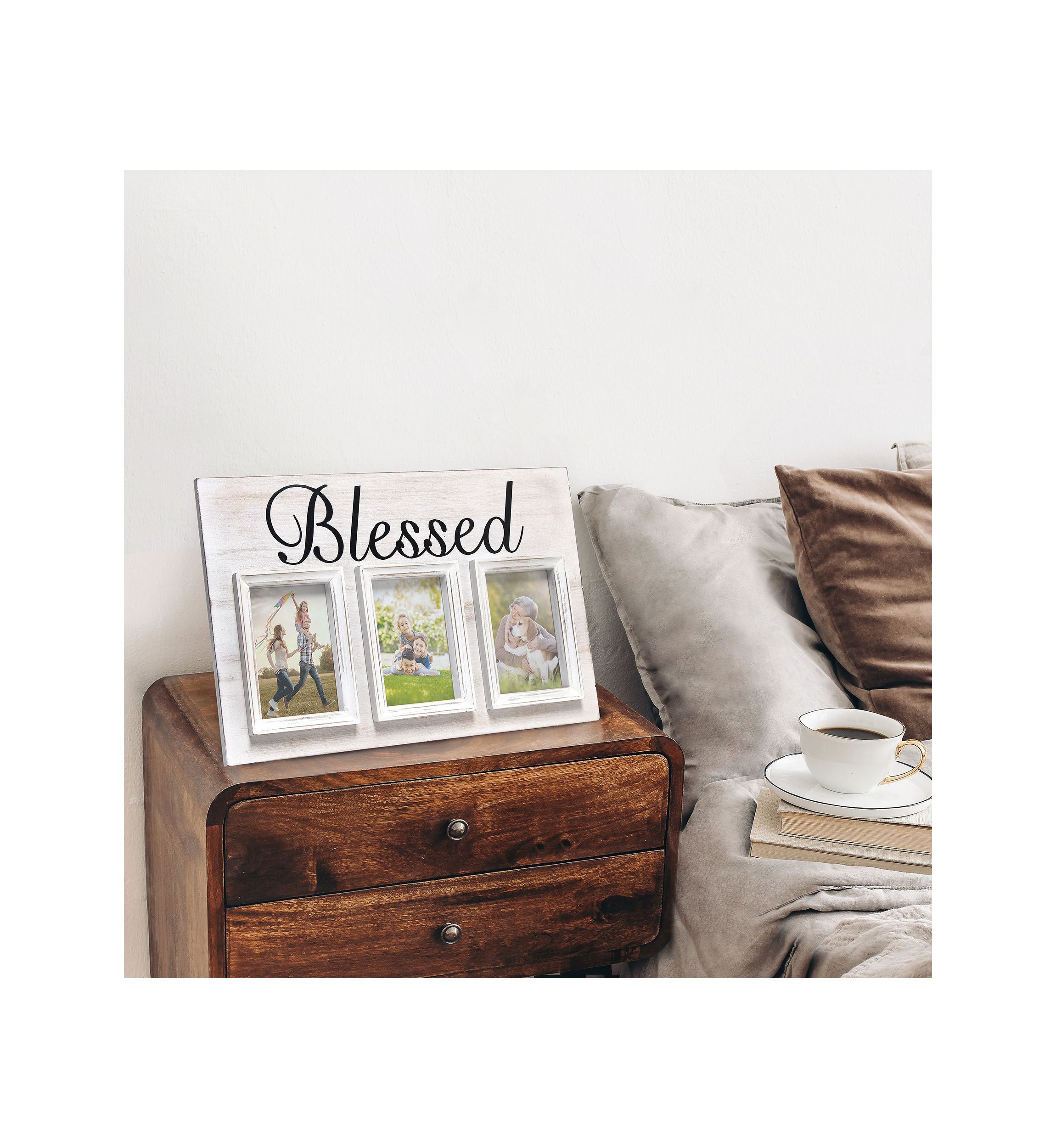 3 Photo Collage Frame 4x6 Picture Frame, White Wash "Family"