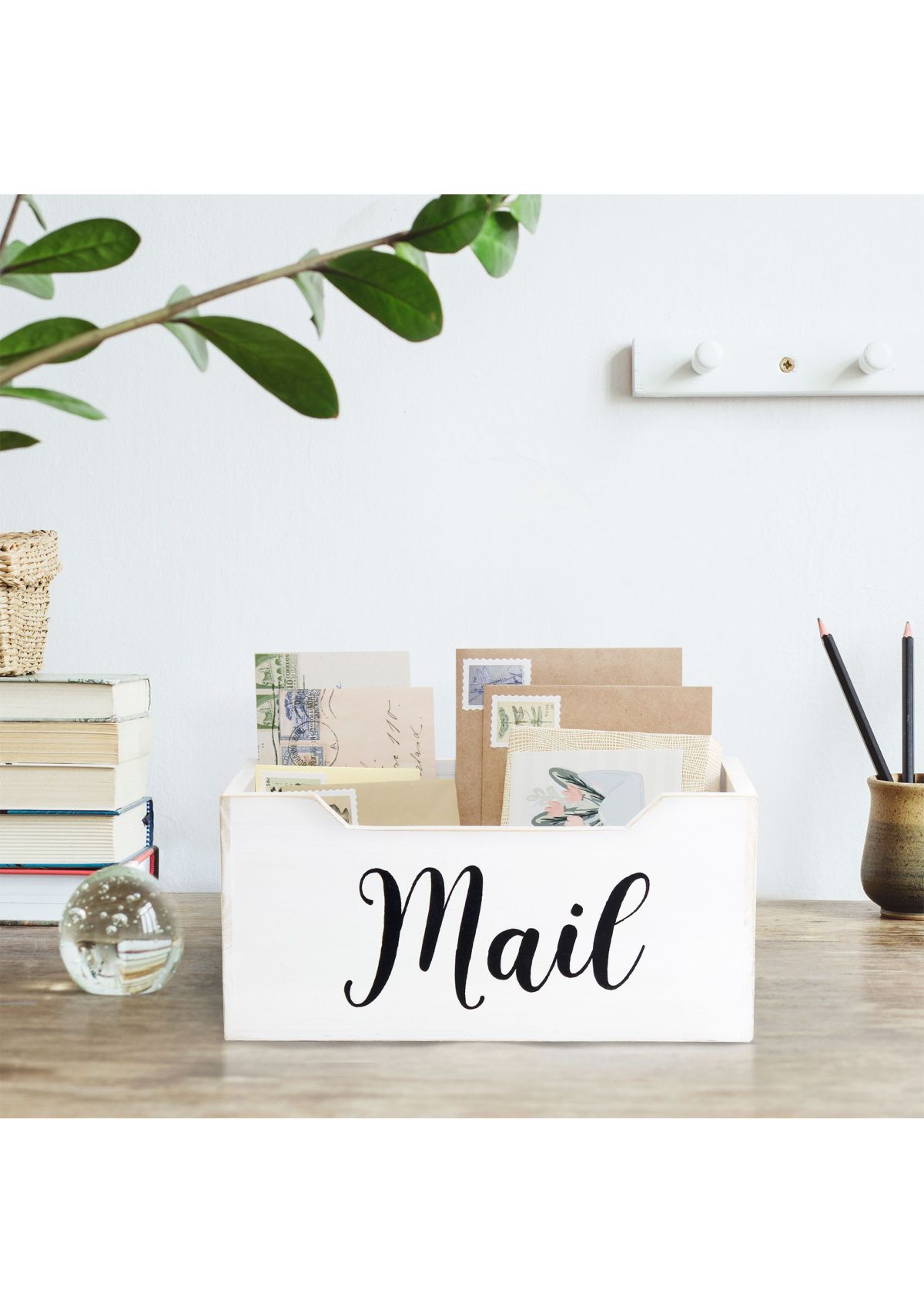 Rustic Farmhouse Wooden Tabletop Decorative Script Word "Mail" Organizer Box, Letter Holder, Gray Wash