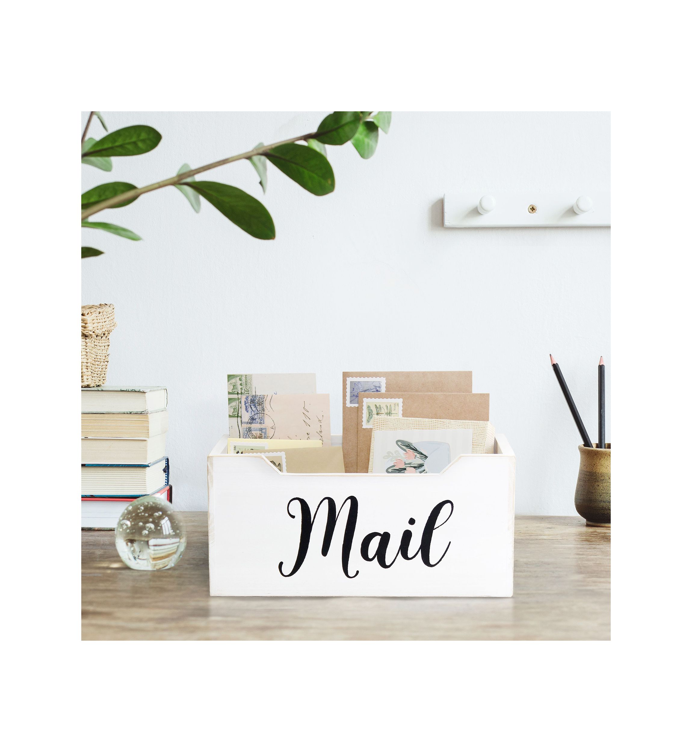 Rustic Farmhouse Wooden Tabletop Decorative Script Word "Mail" Organizer Box, Letter Holder, Gray Wash