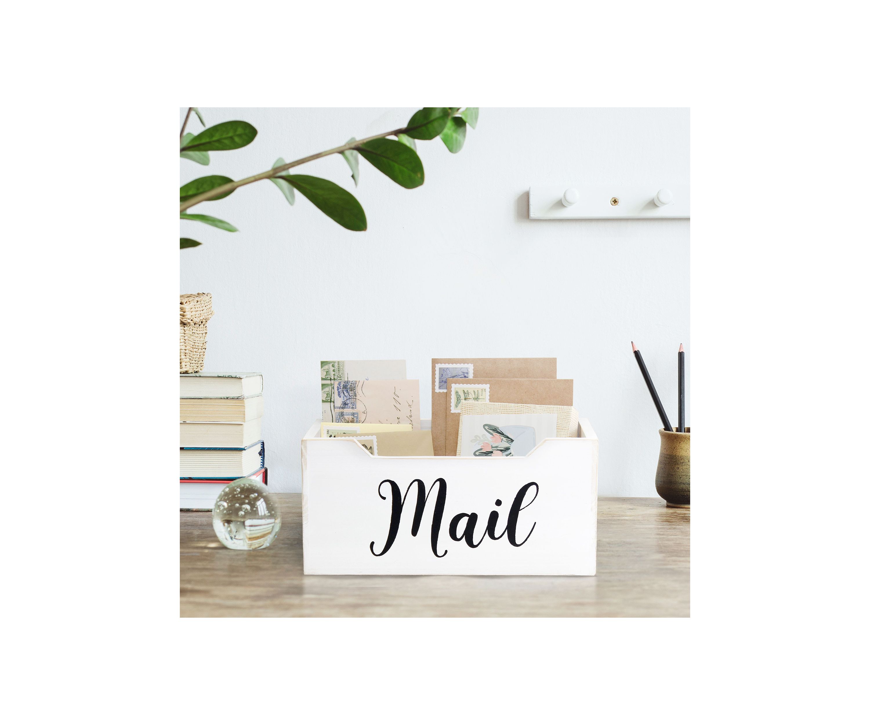 Rustic Farmhouse Wooden Tabletop Decorative Script Word "Mail" Organizer Box, Letter Holder, Gray Wash