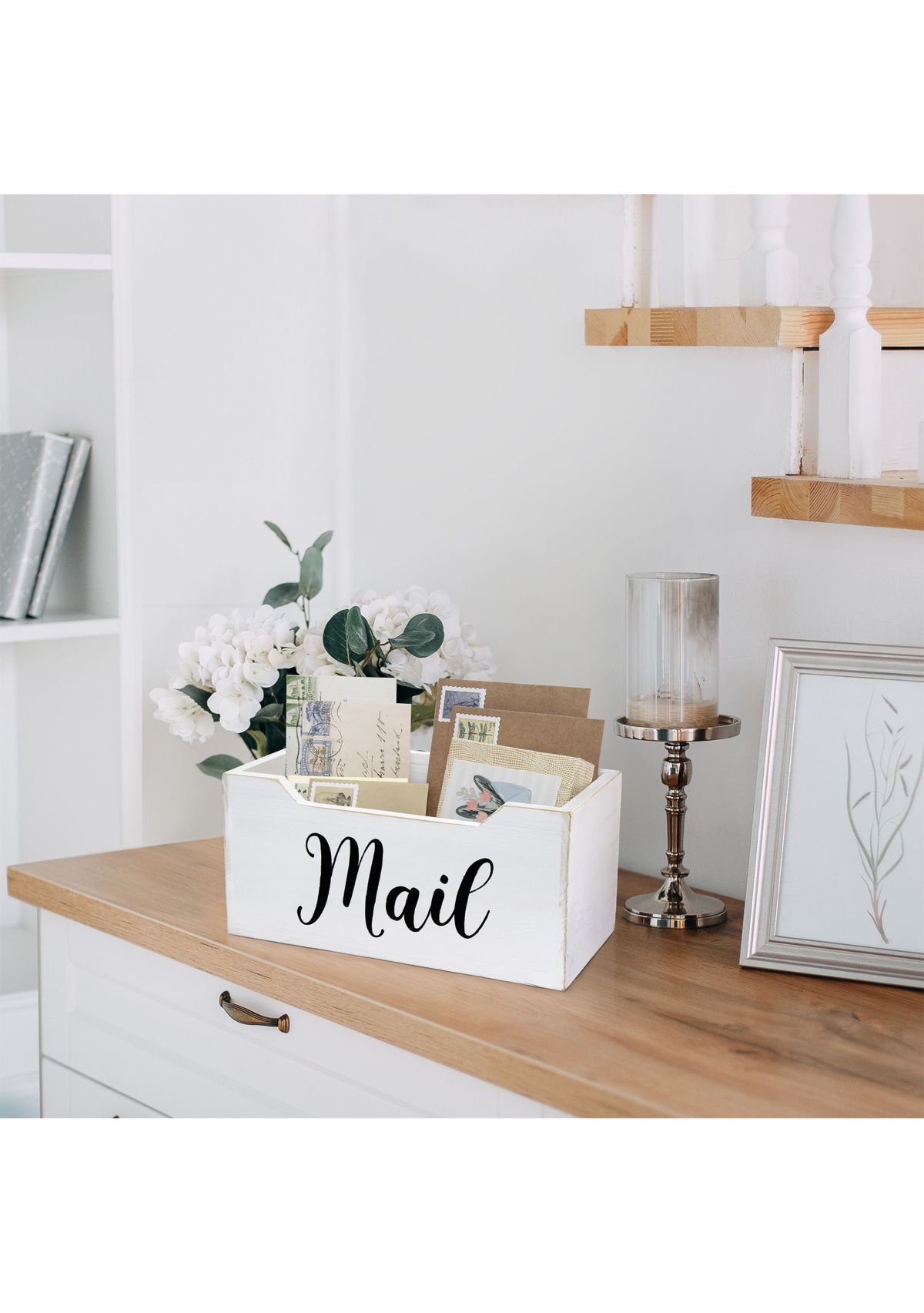 Rustic Farmhouse Wooden Tabletop Decorative Script Word "Mail" Organizer Box, Letter Holder, Gray Wash