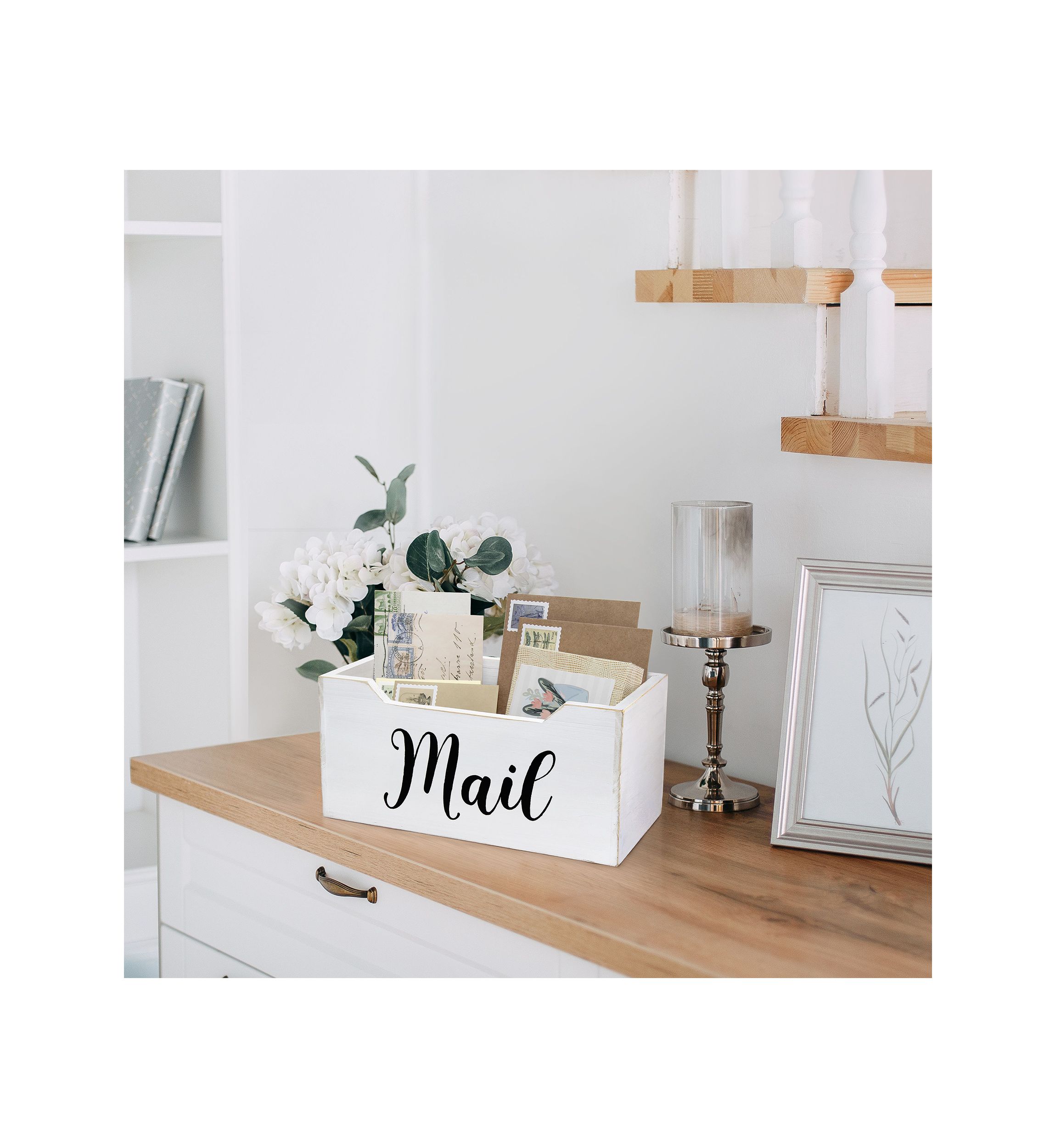 Rustic Farmhouse Wooden Tabletop Decorative Script Word "Mail" Organizer Box, Letter Holder, Gray Wash