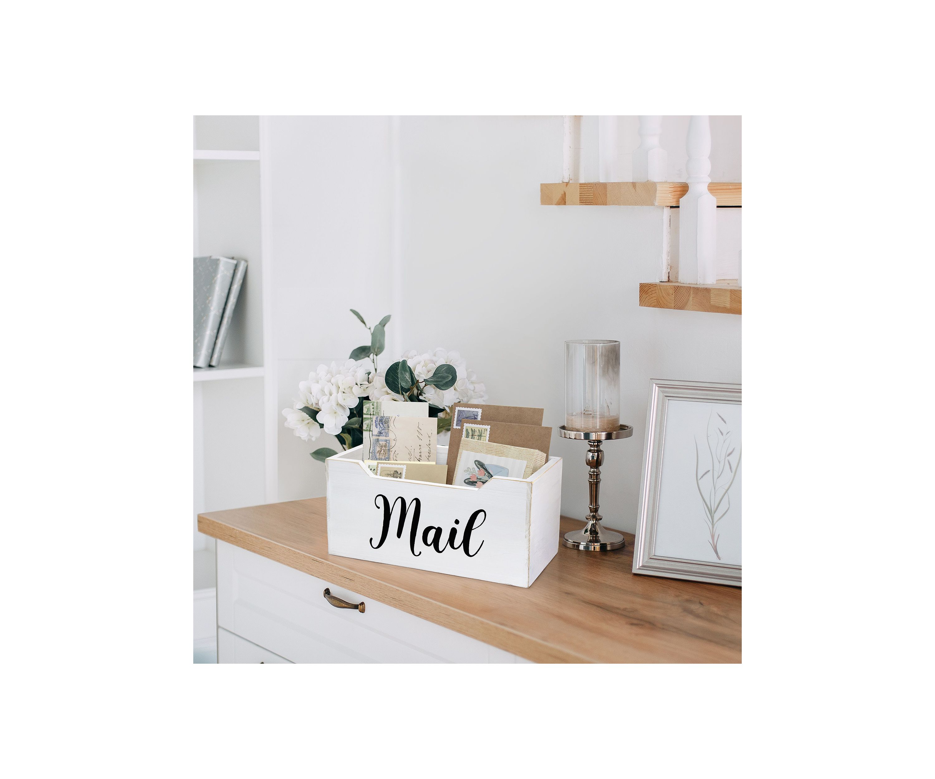 Rustic Farmhouse Wooden Tabletop Decorative Script Word "Mail" Organizer Box, Letter Holder, Gray Wash