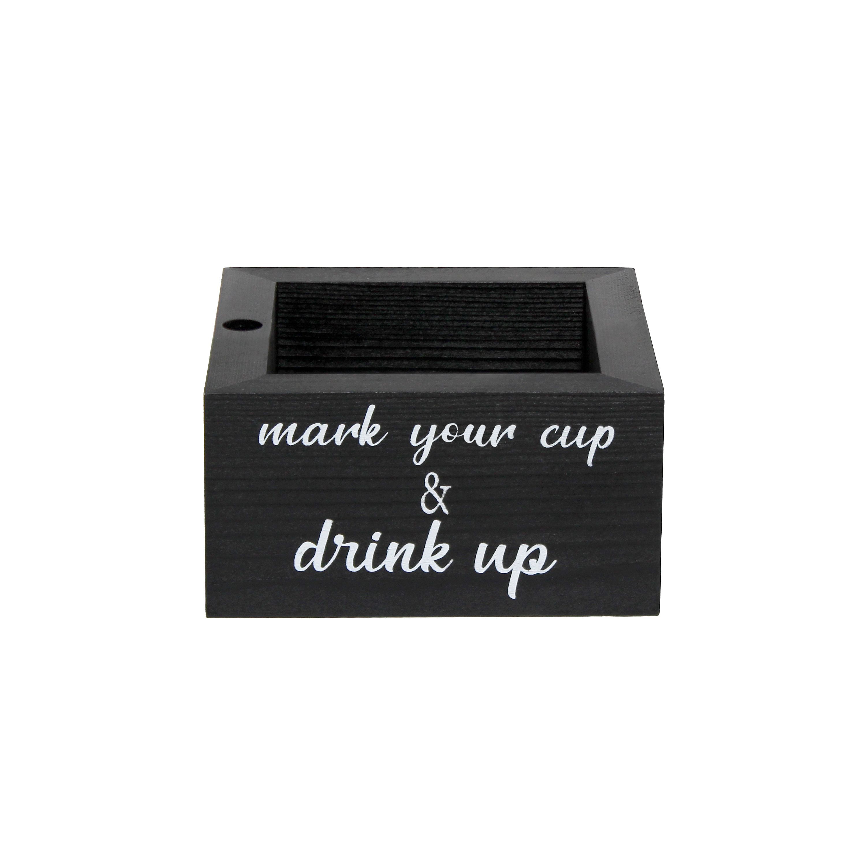 Elegant Designs Pantry Picks Modern Wooden Portable Kitchen Caddy "Just in case, wipe your face" Napkin Holder and "Mark your cup & drink up" Cup Holder Set for Events, Catering, BBQ, Bar, Dining Room, Black with White Script