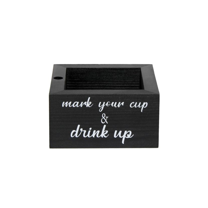 Elegant Designs Pantry Picks Modern Wooden Portable Kitchen Caddy "Just in case, wipe your face" Napkin Holder and "Mark your cup & drink up" Cup Holder Set for Events, Catering, BBQ, Bar, Dining Room, Black with White Script