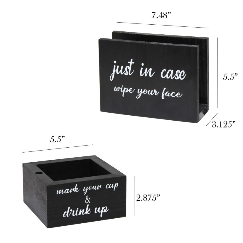 Elegant Designs Pantry Picks Modern Wooden Portable Kitchen Caddy "Just in case, wipe your face" Napkin Holder and "Mark your cup & drink up" Cup Holder Set for Events, Catering, BBQ, Bar, Dining Room, Black with White Script