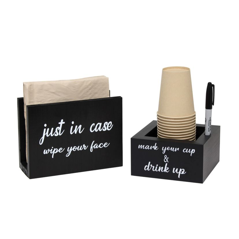 Elegant Designs Pantry Picks Modern Wooden Portable Kitchen Caddy "Just in case, wipe your face" Napkin Holder and "Mark your cup & drink up" Cup Holder Set for Events, Catering, BBQ, Bar, Dining Room, Black with White Script
