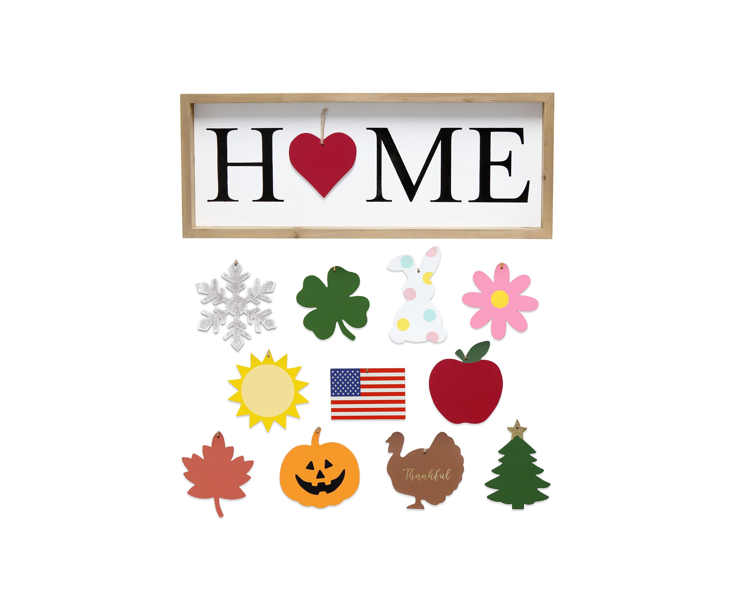 Rustic Farmhouse Wooden Seasonal Interchangeable Symbol "Home" Frame with 12 Ornaments, White Wash