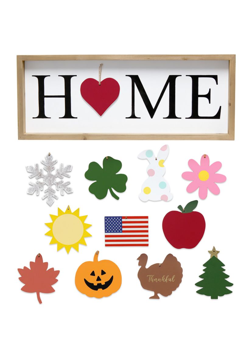 Rustic Farmhouse Wooden Seasonal Interchangeable Symbol "Home" Frame with 12 Ornaments, White Wash
