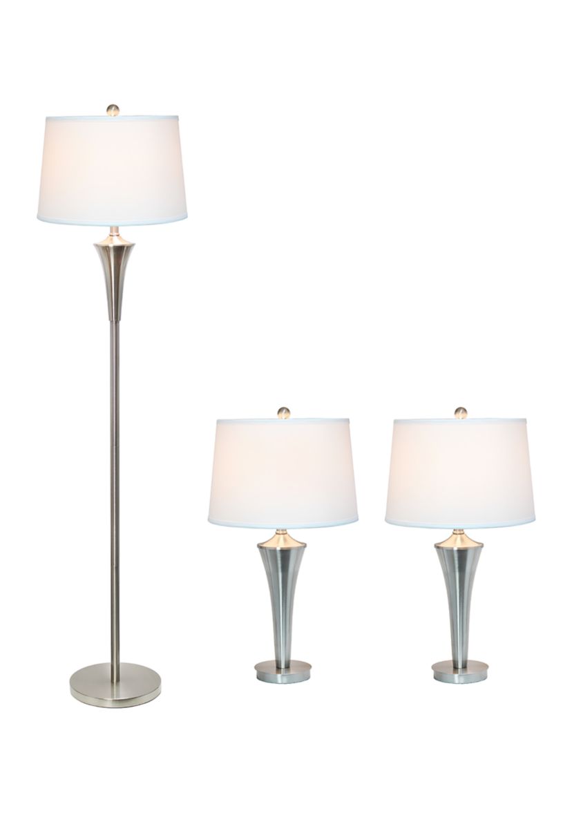 Tapered Brushed Nickel Modern 3 Pack Table (2)  and Floor (1) Lamp Set